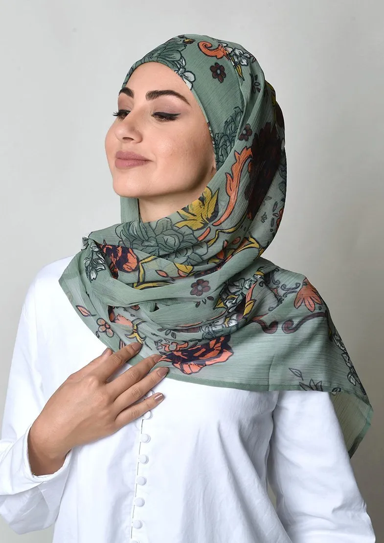 Baroquesque Green- Cap Shawl- Crinkled Chiffon