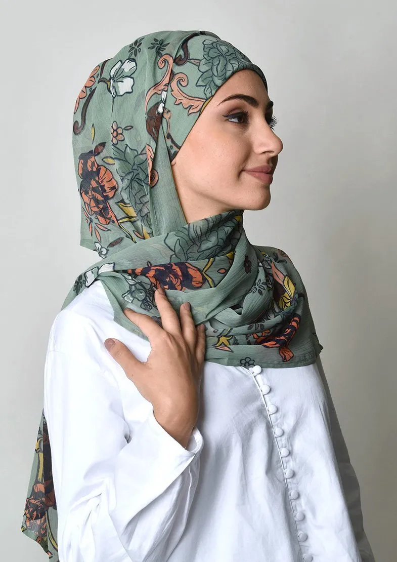 Baroquesque Green- Cap Shawl- Crinkled Chiffon