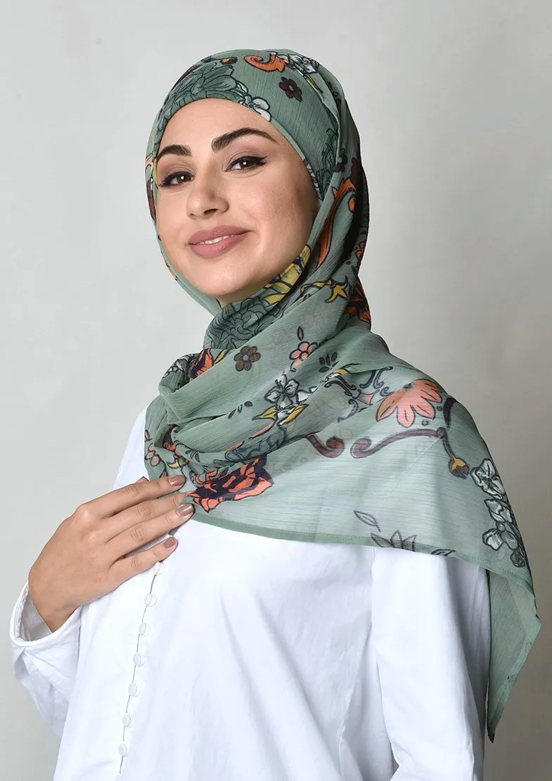 Baroquesque Green- Cap Shawl- Crinkled Chiffon