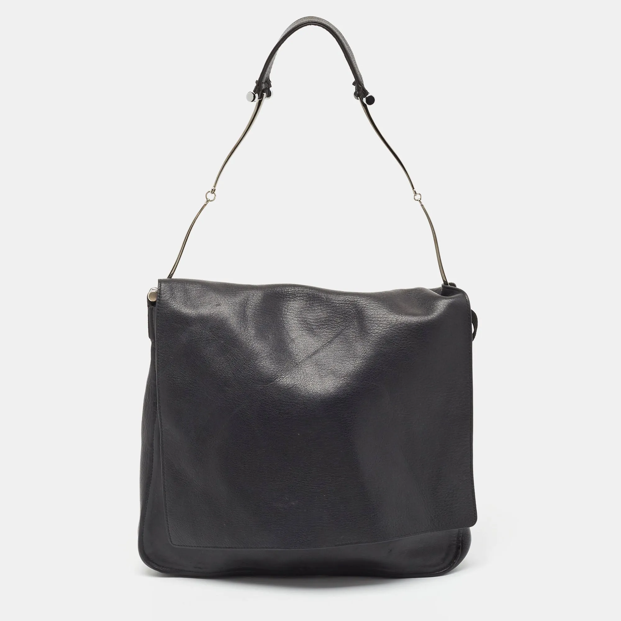 Black Leather Horsebit Handle Slim Bag