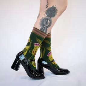 Carnivorous Pitcher Plant Crew Socks | Lush Green Botanical Illustrated Socks for Her