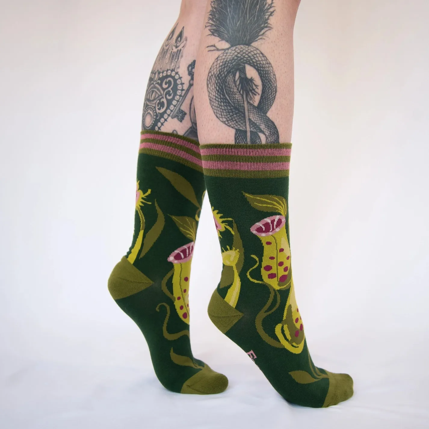 Carnivorous Pitcher Plant Crew Socks | Lush Green Botanical Illustrated Socks for Her