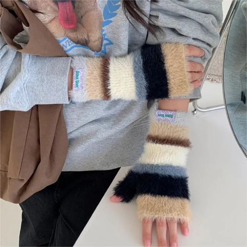 Colourful Striped Plush Gloves