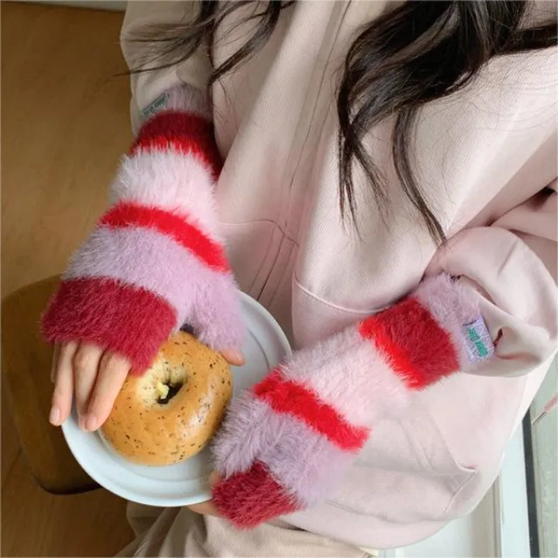 Colourful Striped Plush Gloves