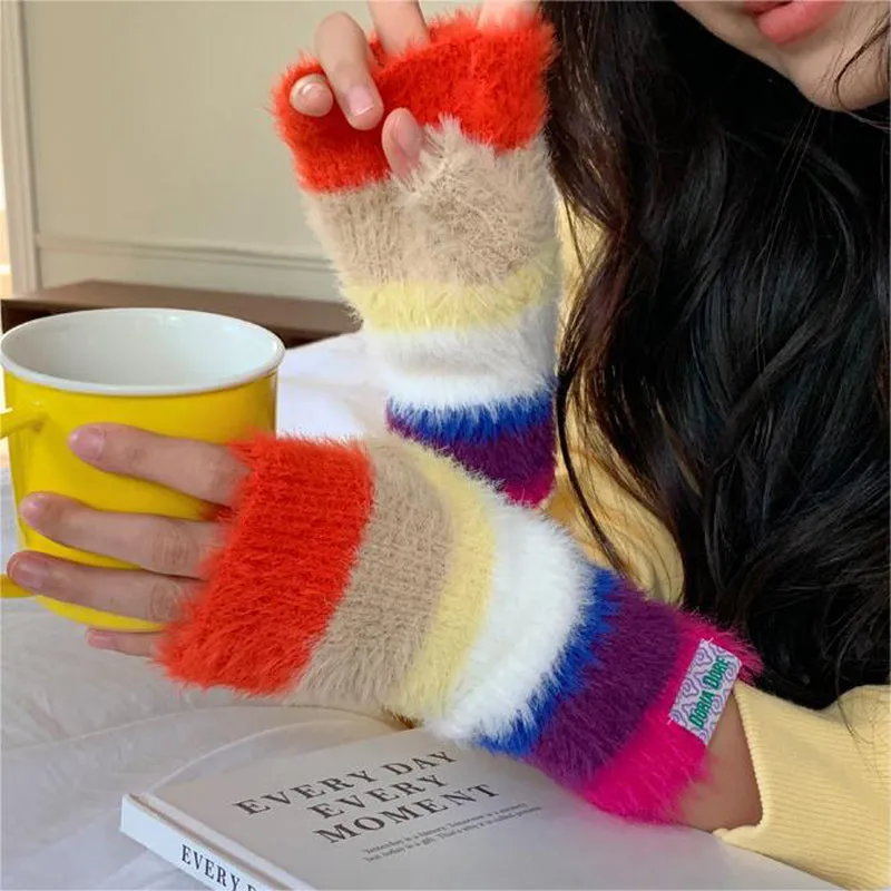 Colourful Striped Plush Gloves