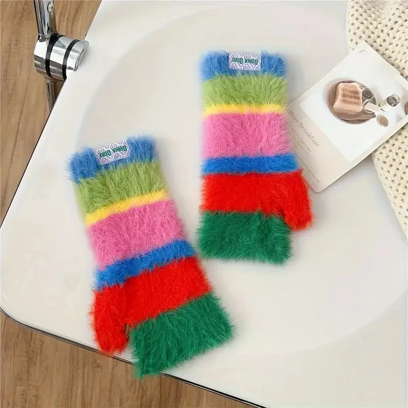 Colourful Striped Plush Gloves