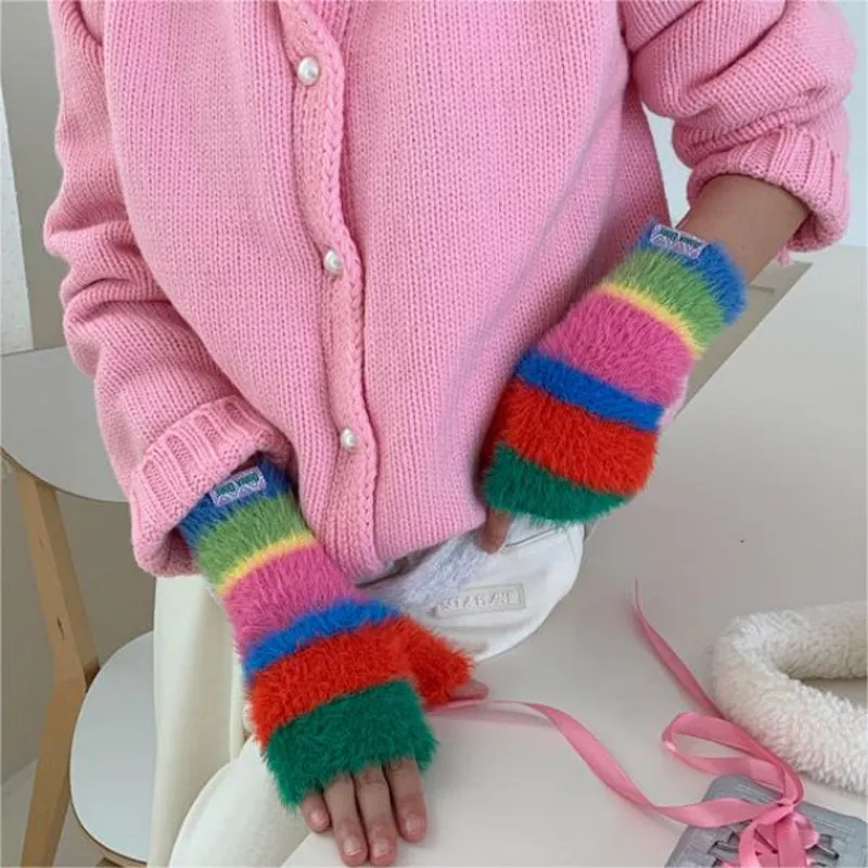 Colourful Striped Plush Gloves