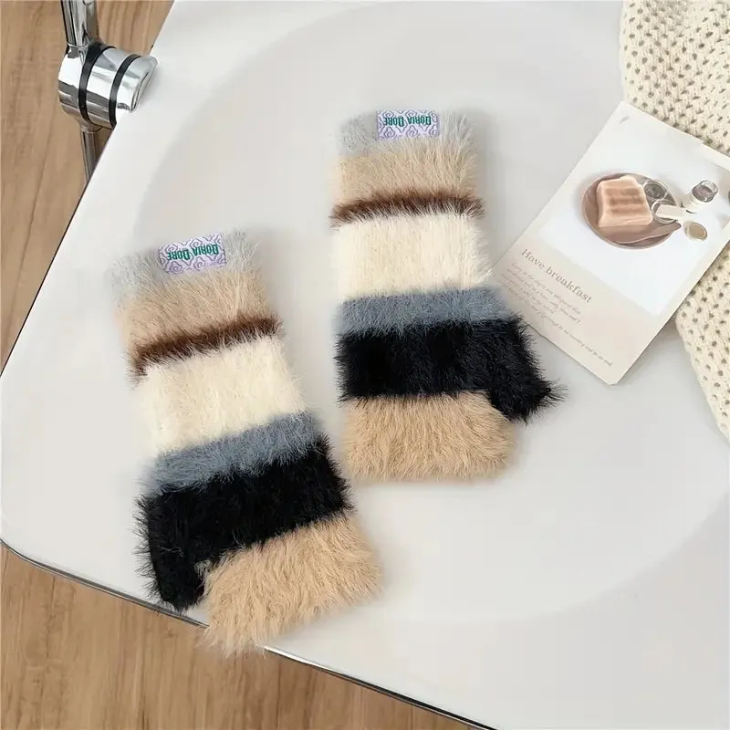 Colourful Striped Plush Gloves