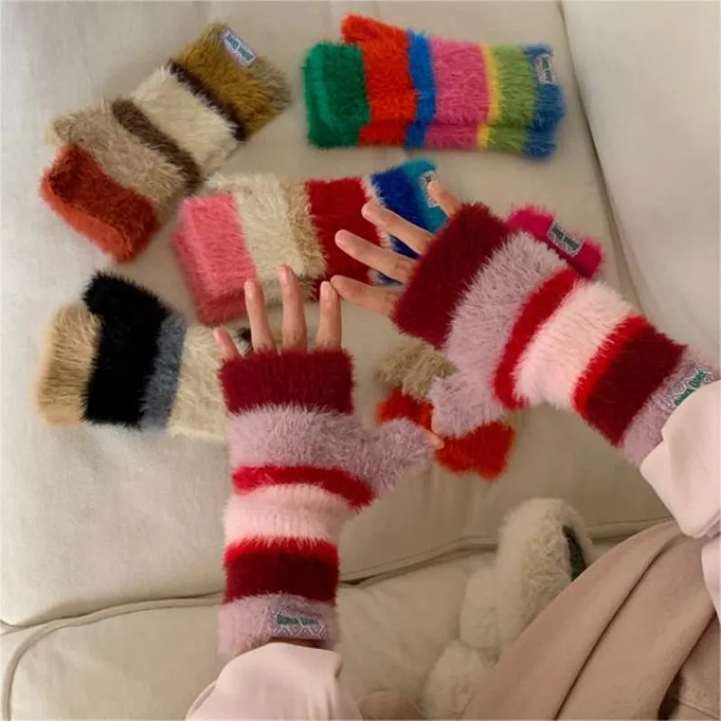 Colourful Striped Plush Gloves