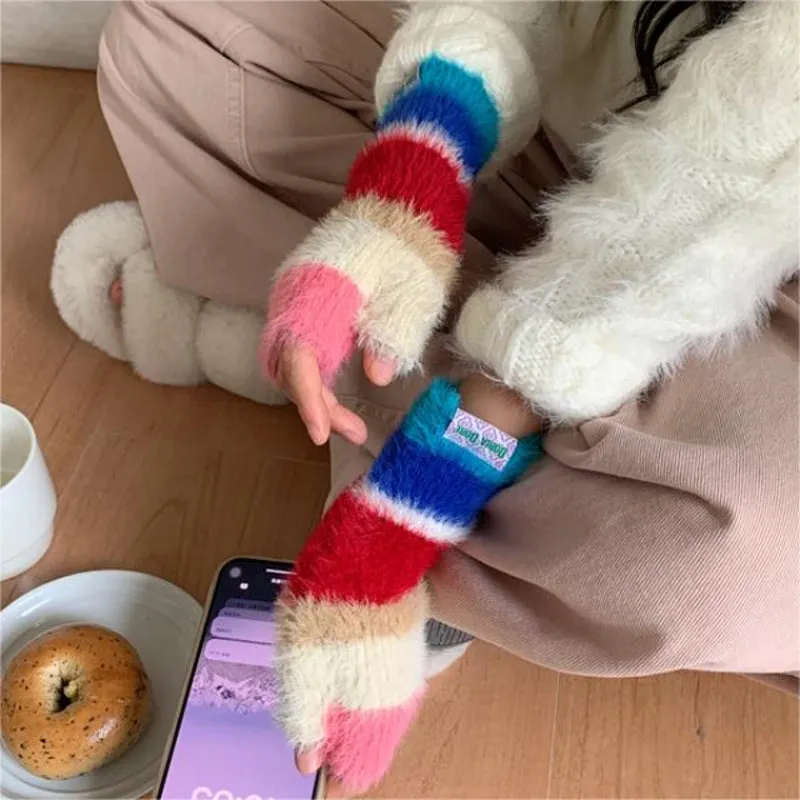 Colourful Striped Plush Gloves