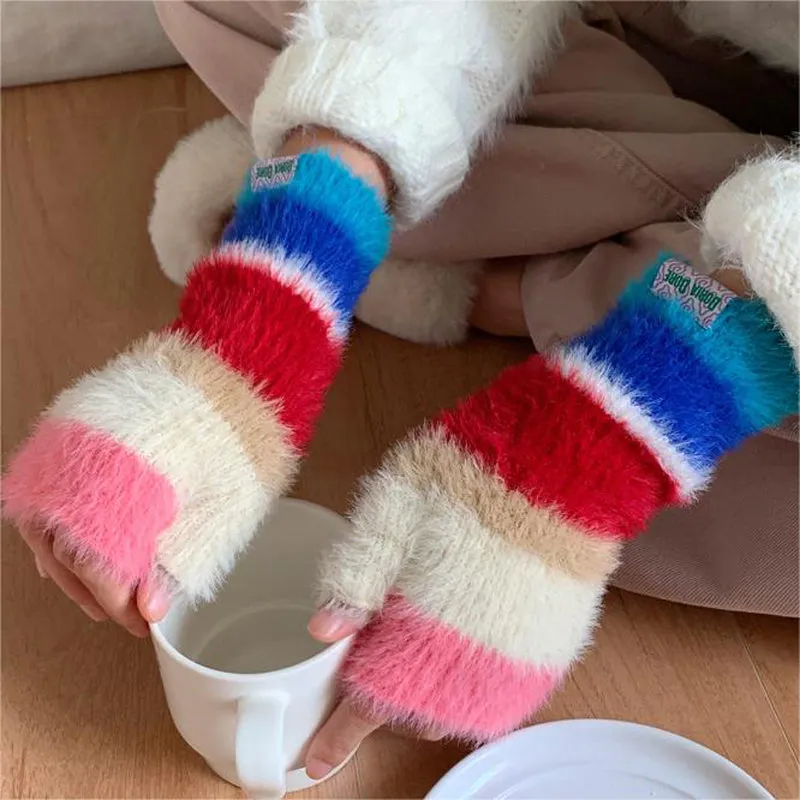 Colourful Striped Plush Gloves