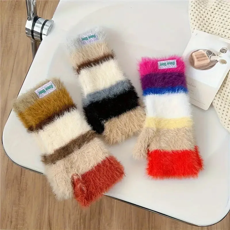 Colourful Striped Plush Gloves