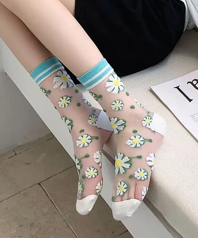 DIY Floral Jacquard Sheer Mesh Mid Calf Socks KJ047