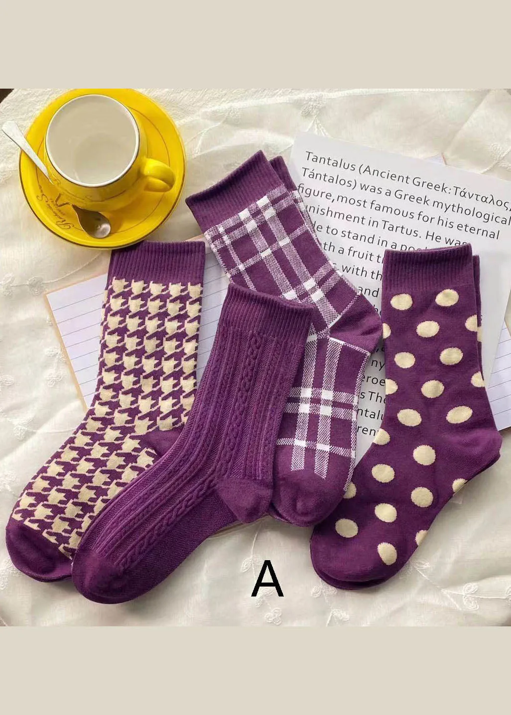 Elegant Purple Plaid Jacquard Cotton Mid Calf Socks