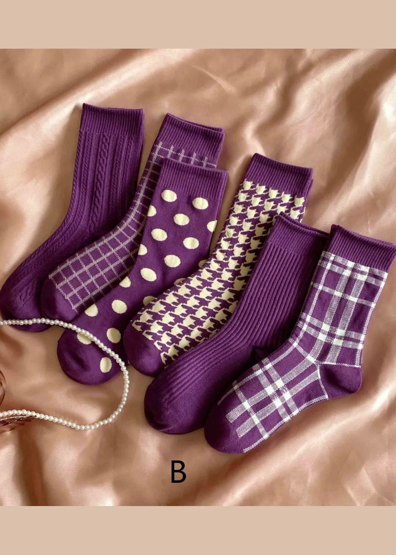 Elegant Purple Plaid Jacquard Cotton Mid Calf Socks