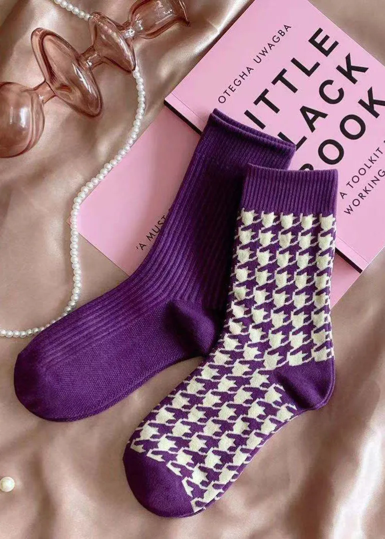 Elegant Purple Plaid Jacquard Cotton Mid Calf Socks