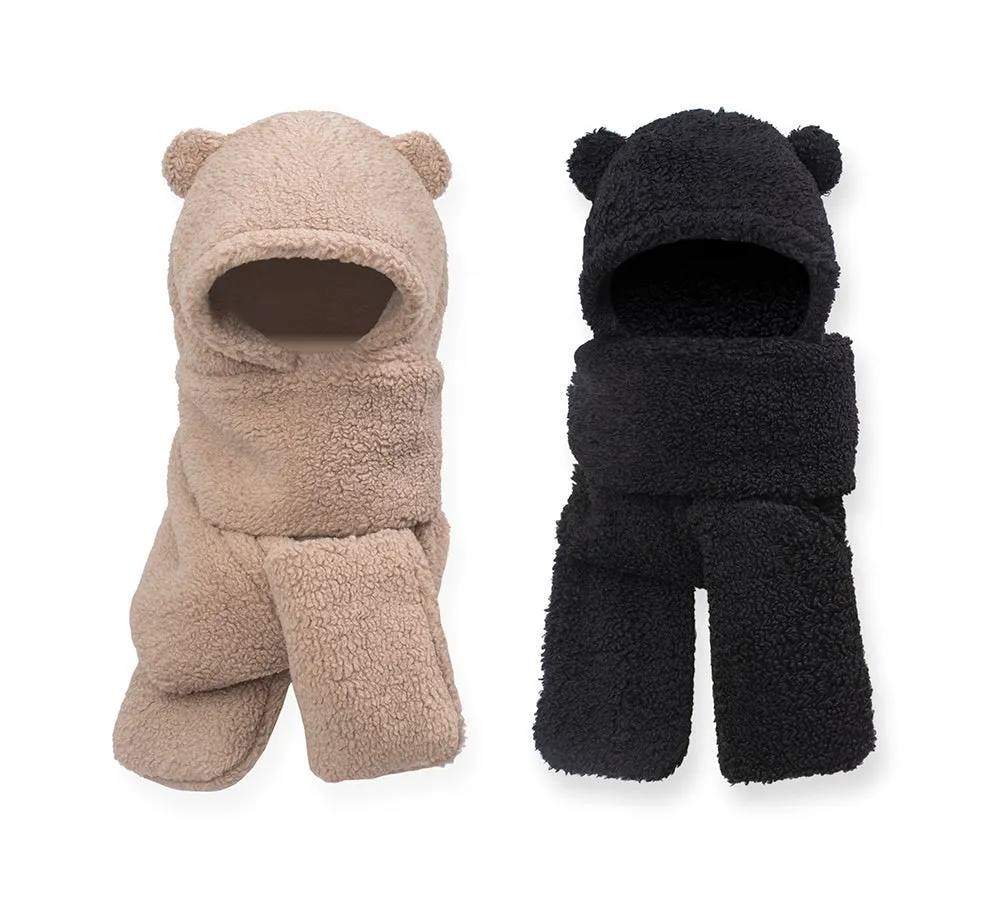 EVERAU® Hat Scarf and Gloves 3 In 1 Cute Bear Plush Hat