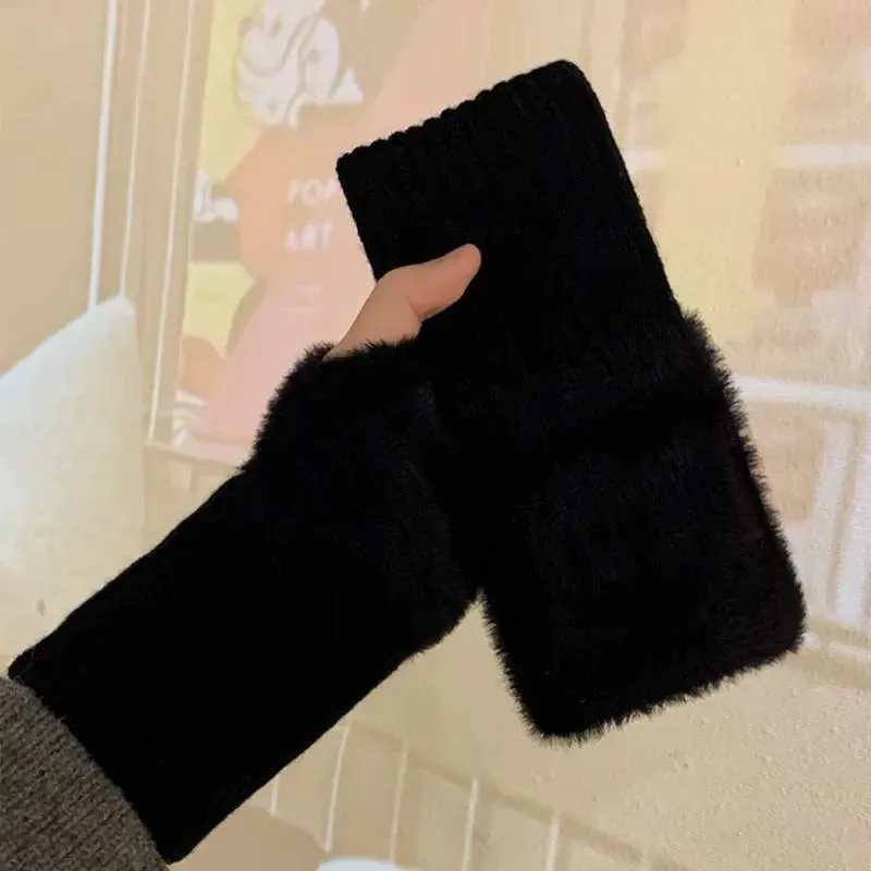 Faux Mink Fleece Winter Fingerless Gloves for Women - Soft White Wrist Mittens