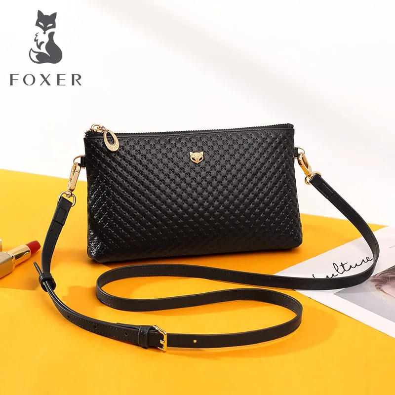 Foxer Lady Black Messenger Bag Stylish Long Shoulder Strap Bag Genuine Leather Women Simple Classic Style Crossbody Bags