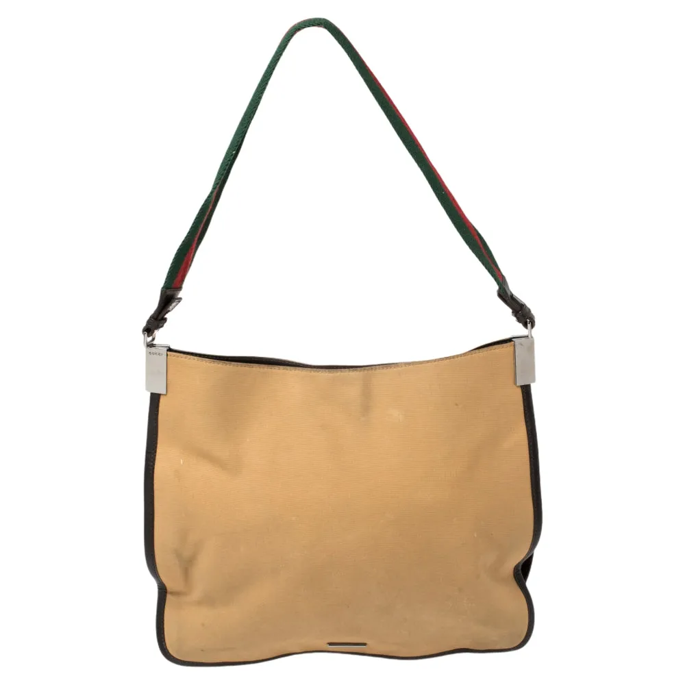 Khaki Brown Canvas and Leather Trim Web Detail Hobo