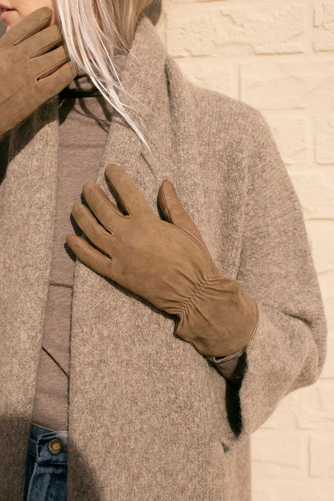 Khaki Cashmere Lined Moto Gloves