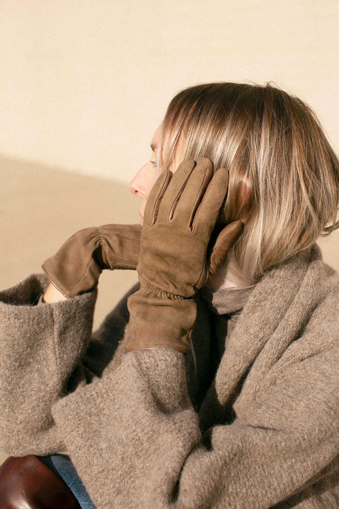 Khaki Cashmere Lined Moto Gloves