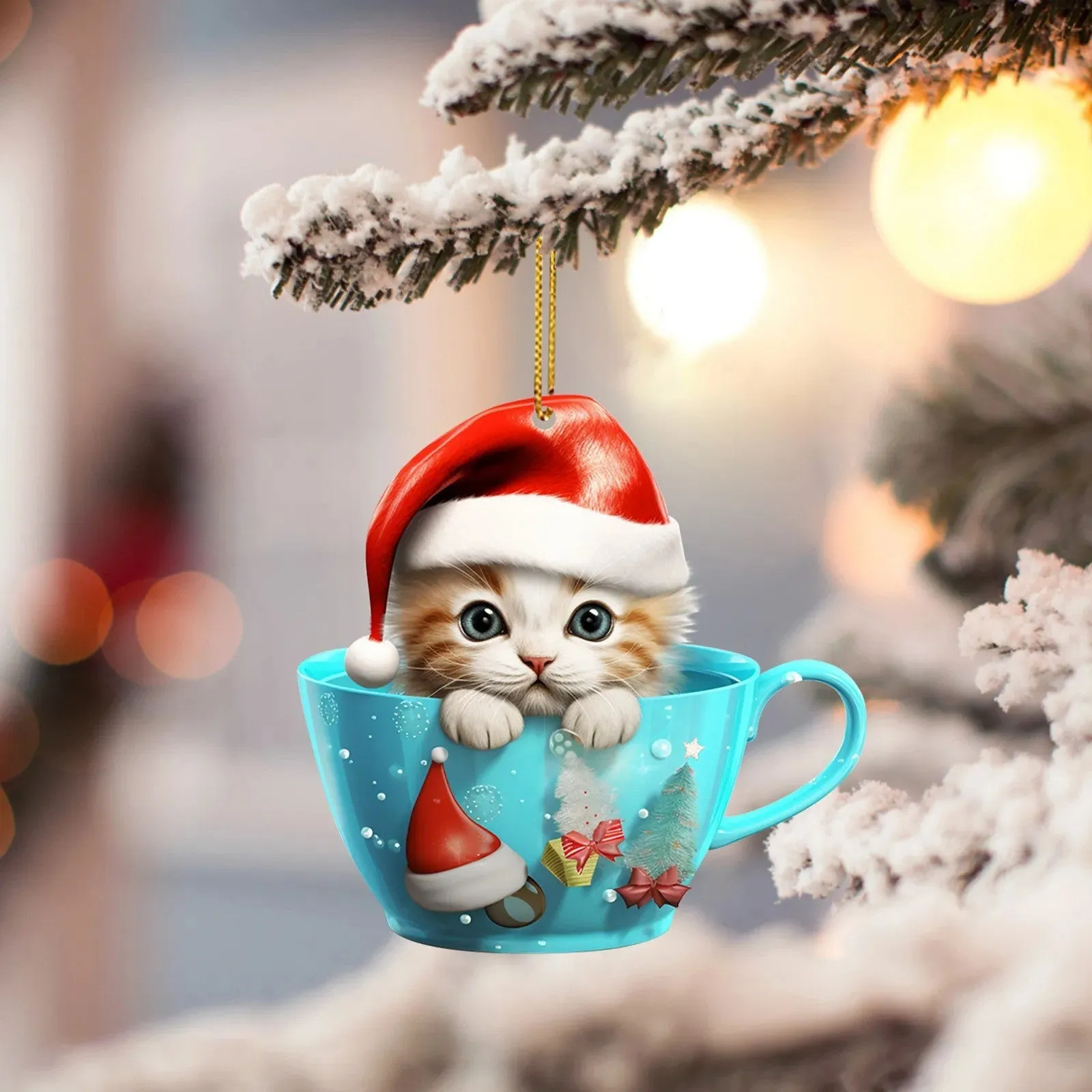 Kitty In a Tea Cup Christmas Tree Acrylic Ornament