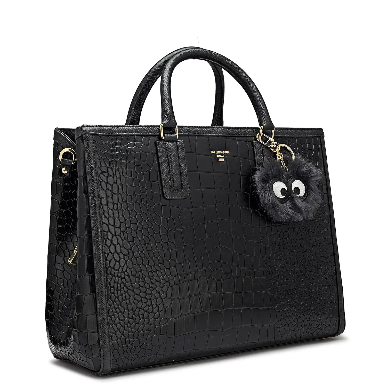 Large Croco Leather Satchel - Black