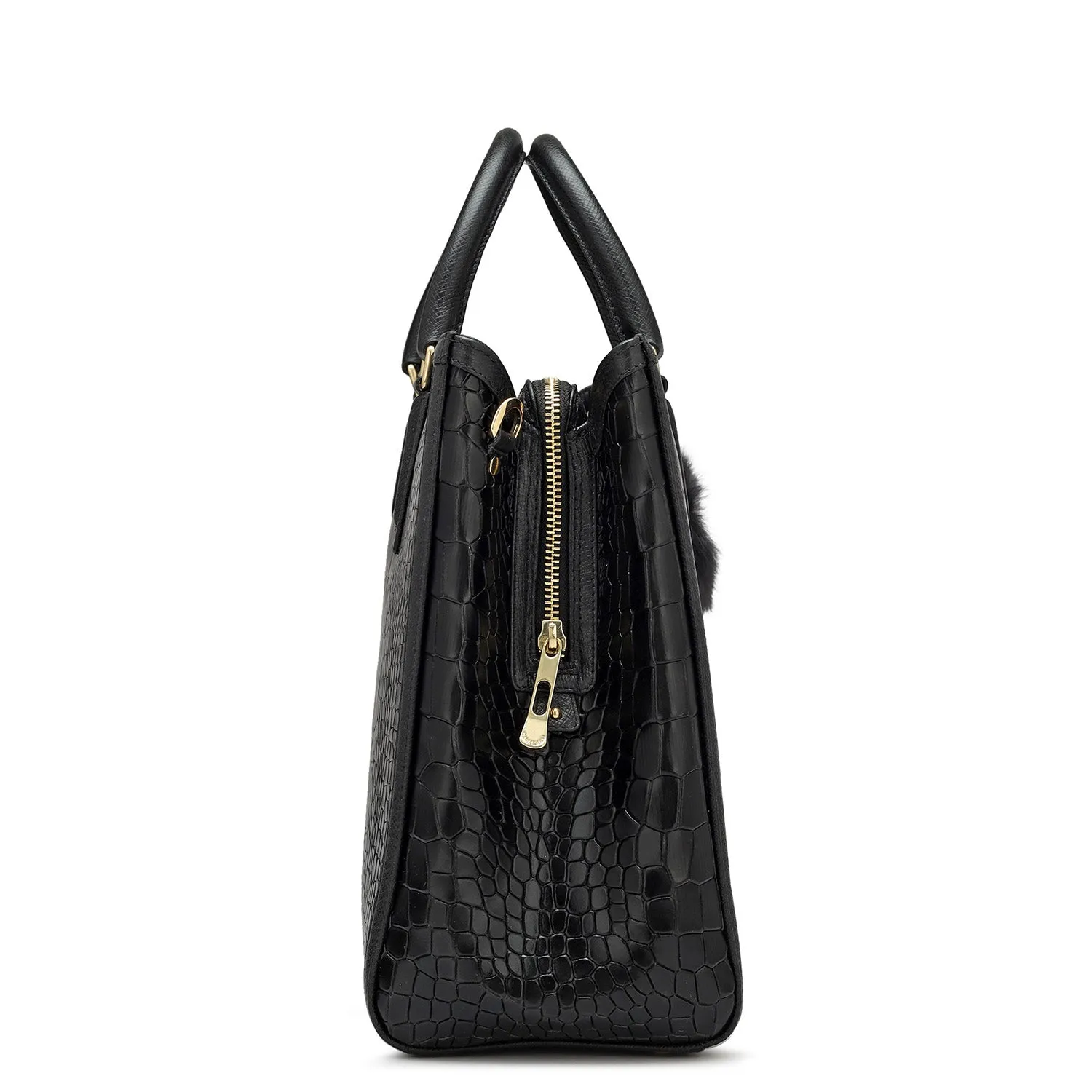 Large Croco Leather Satchel - Black