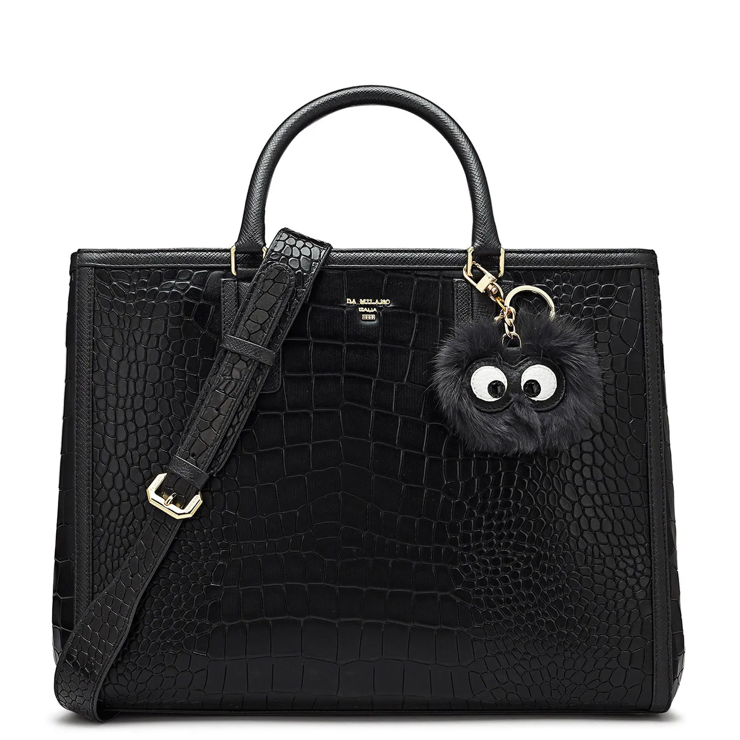 Large Croco Leather Satchel - Black