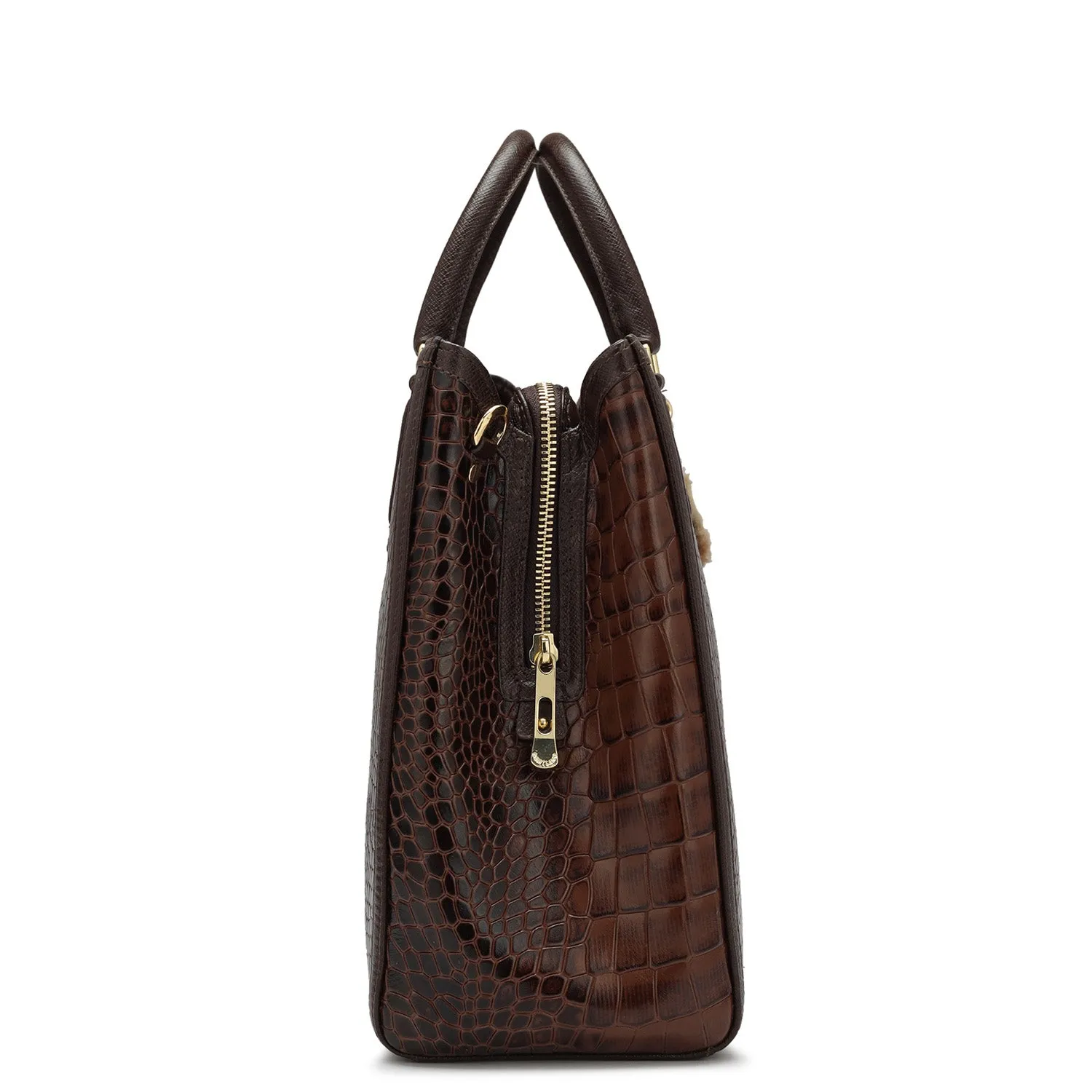 Large Croco Leather Satchel - Brown