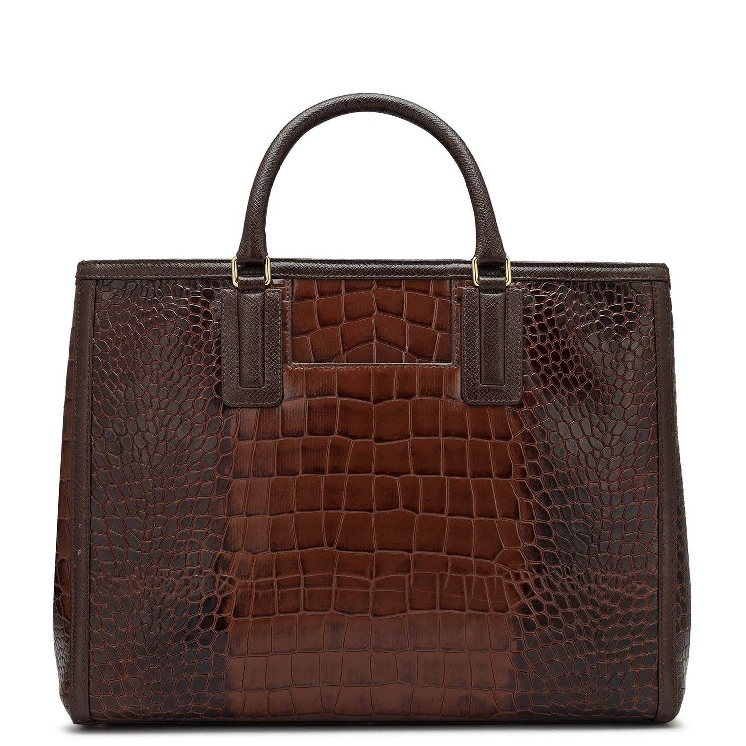 Large Croco Leather Satchel - Brown