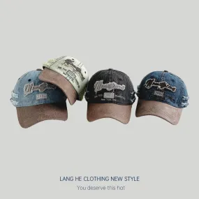 Letter embroidered denim baseball cap washed old contrasting peaked cap sun protection outdoor versatile fashionable hat