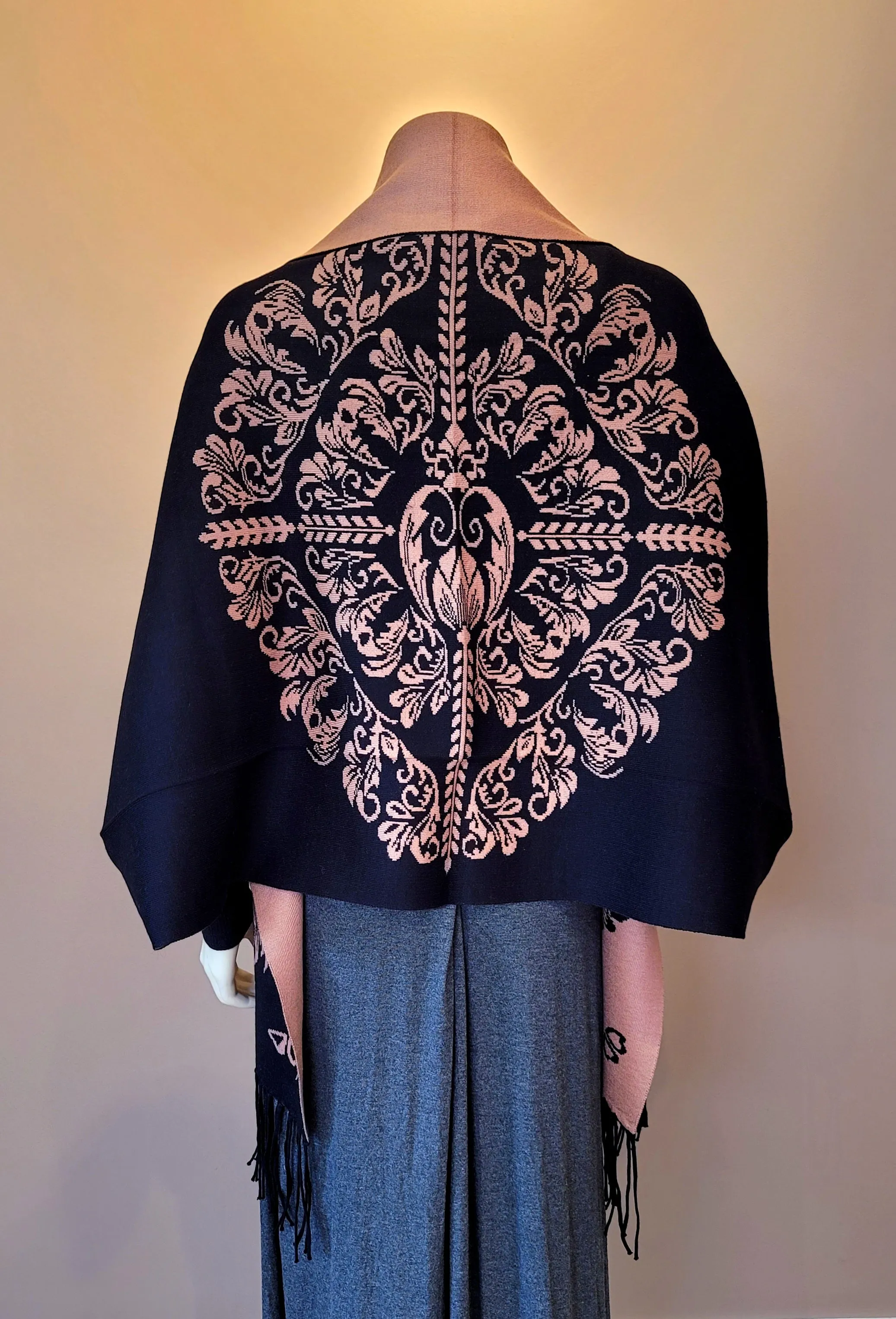 Navy/Tan Scroll Shawl