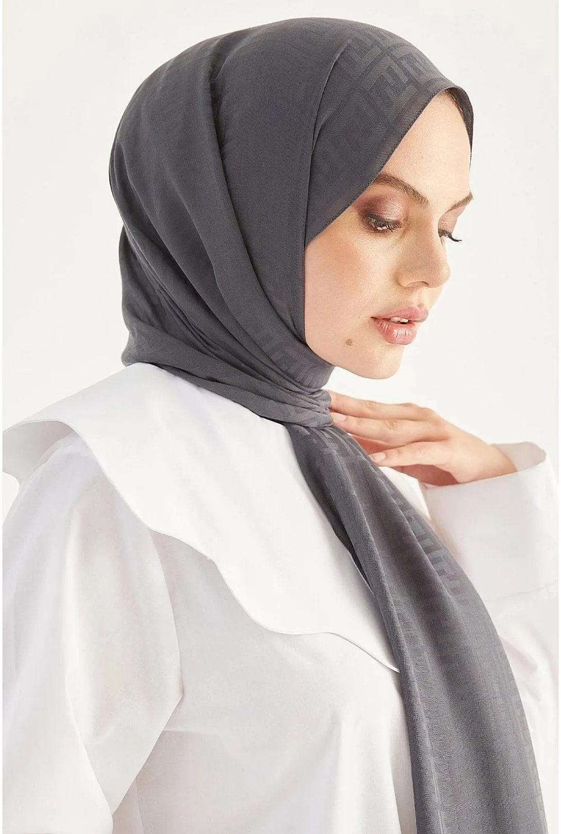 Patterned Cotton Muslim Hijab Shawl-  Anthracite Grey