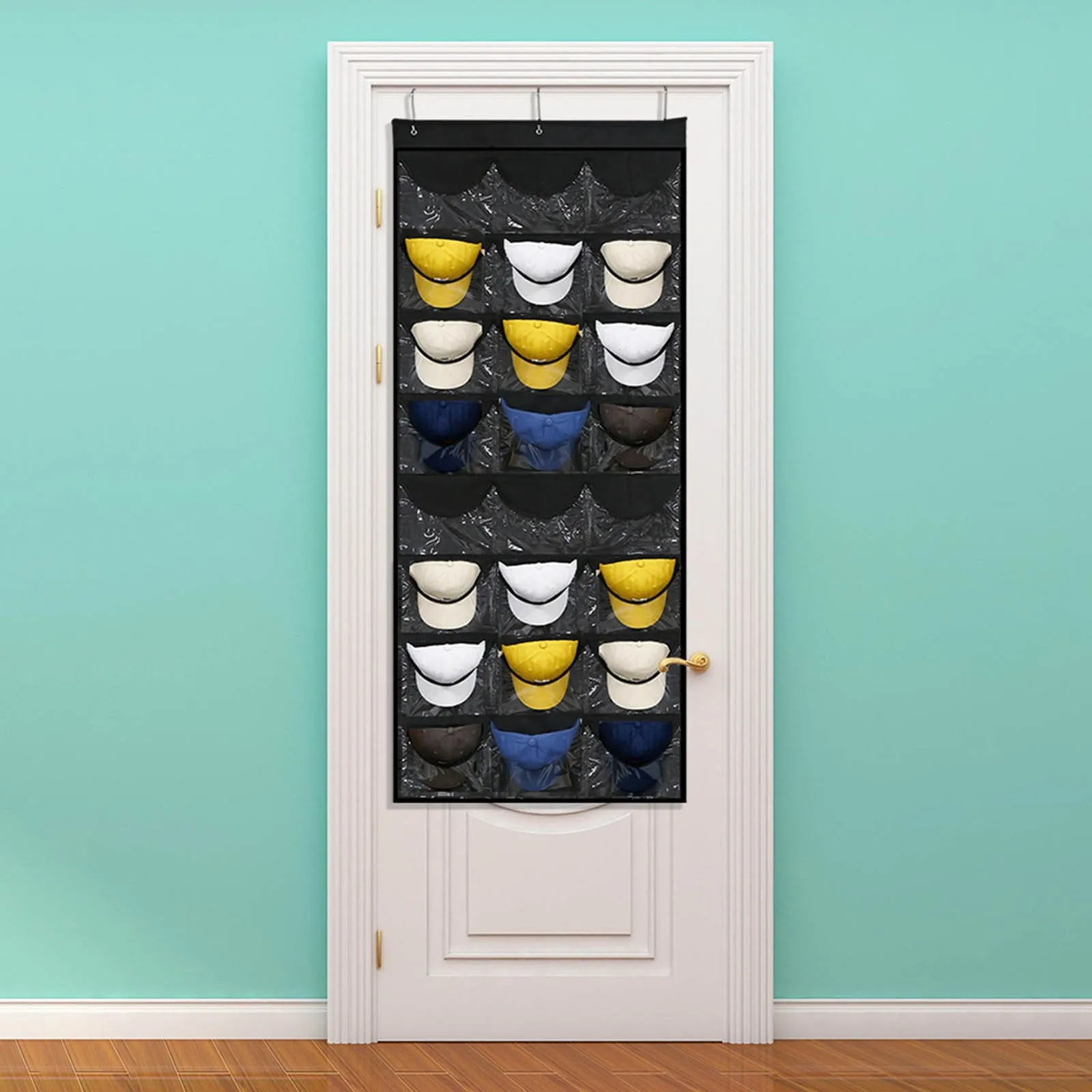 premium Hat Rack for Baseball Caps,24 Pocket Over-The-Door Cap Organizer with Clear Deep Pockets to Display Your Baseball Caps Collection, Complete with 3 Over Door Hooks