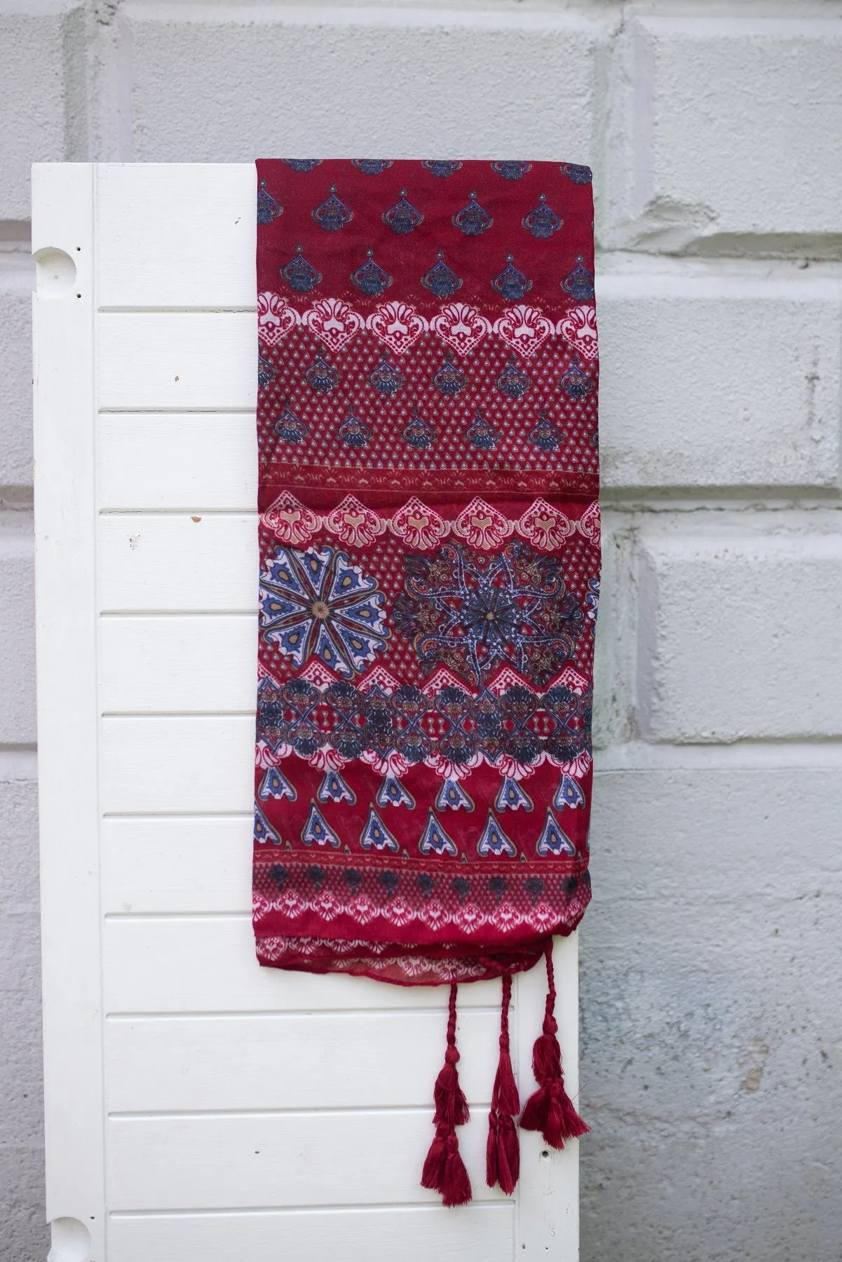 Red with Blue Patterned Scarf