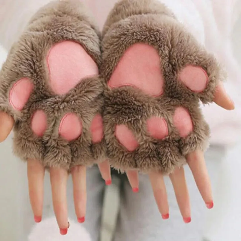 Roaring Soft Plush Bear and Cat Paw Fingerless Wrist Gloves