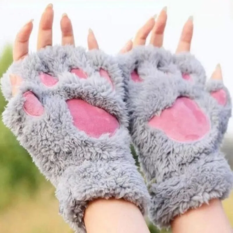 Roaring Soft Plush Bear and Cat Paw Fingerless Wrist Gloves