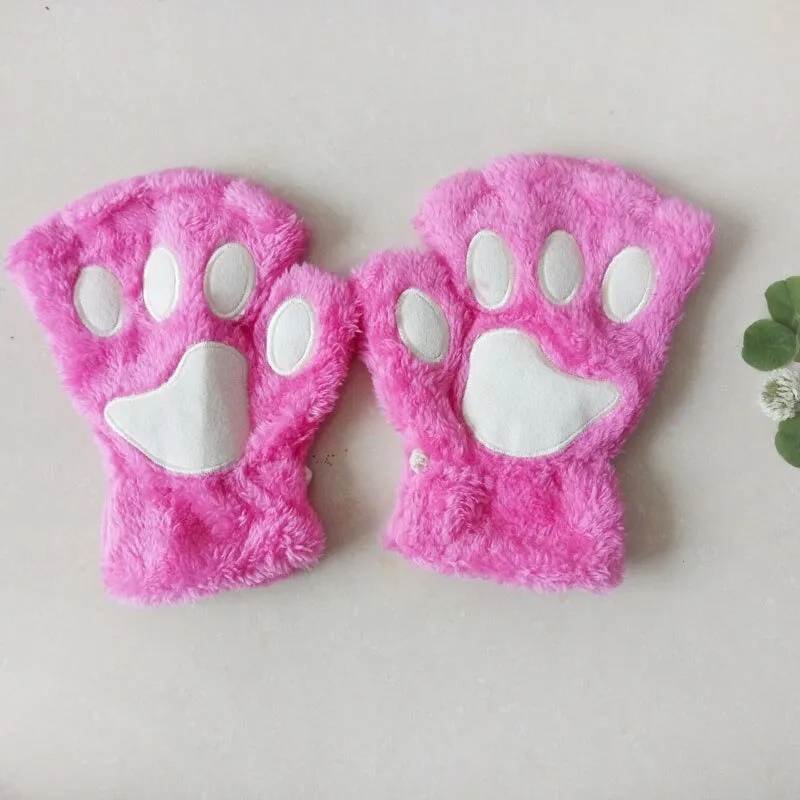 Roaring Soft Plush Bear and Cat Paw Fingerless Wrist Gloves