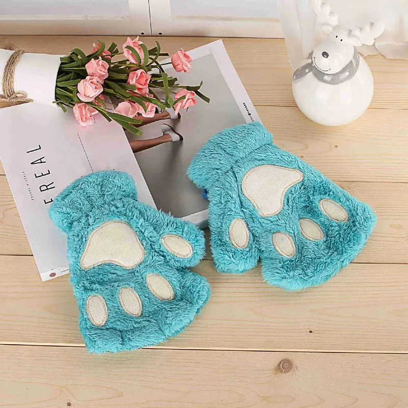 Roaring Soft Plush Bear and Cat Paw Fingerless Wrist Gloves