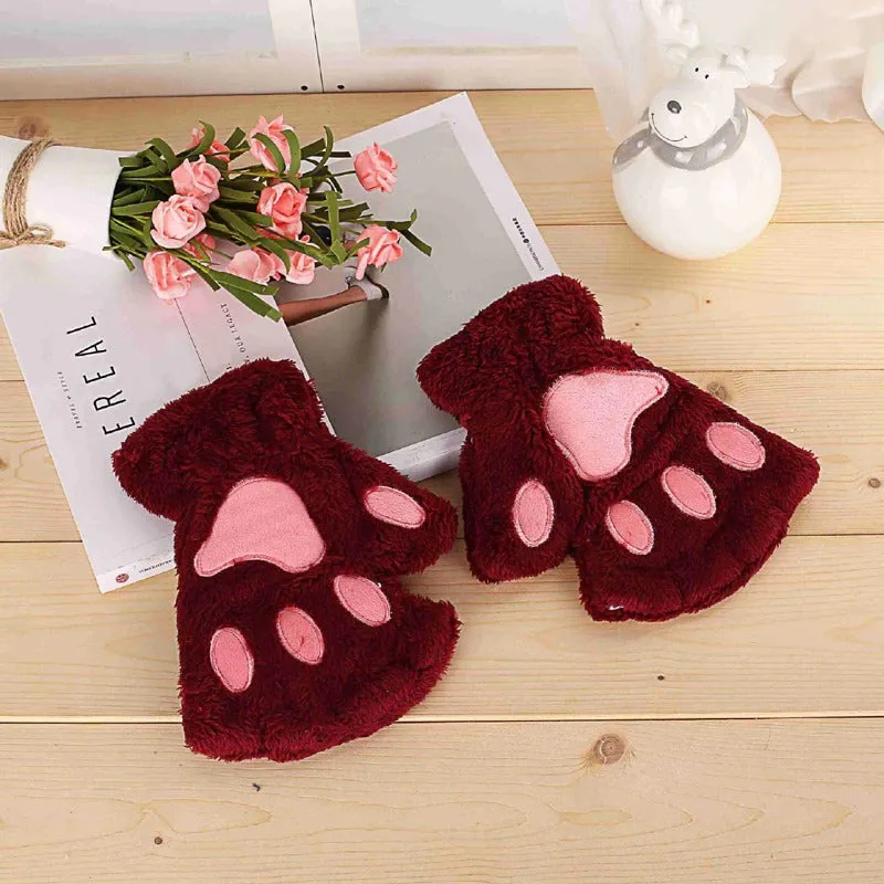 Roaring Soft Plush Bear and Cat Paw Fingerless Wrist Gloves