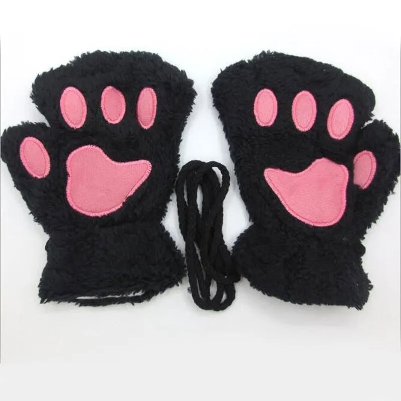 Roaring Soft Plush Bear and Cat Paw Fingerless Wrist Gloves