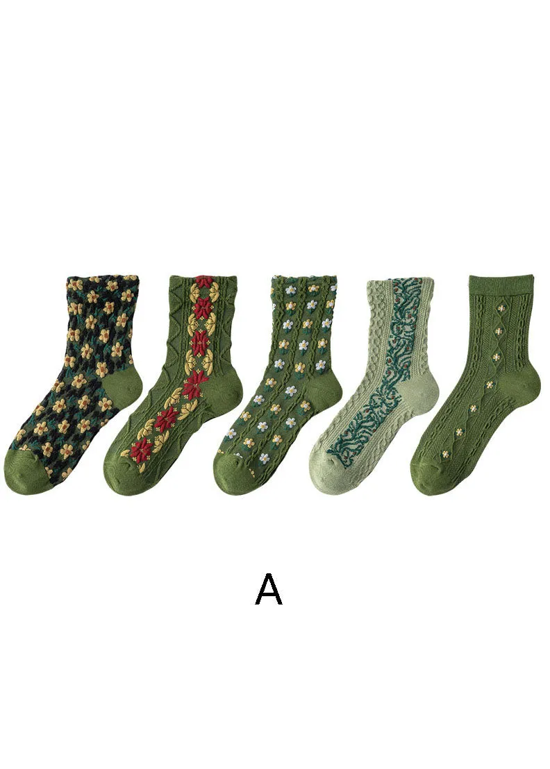 Simple Floral Jacquard Cotton Crew Socks