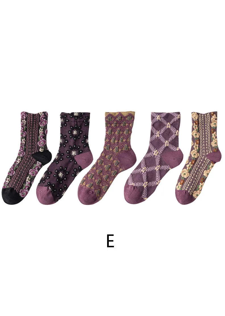 Simple Floral Jacquard Cotton Crew Socks