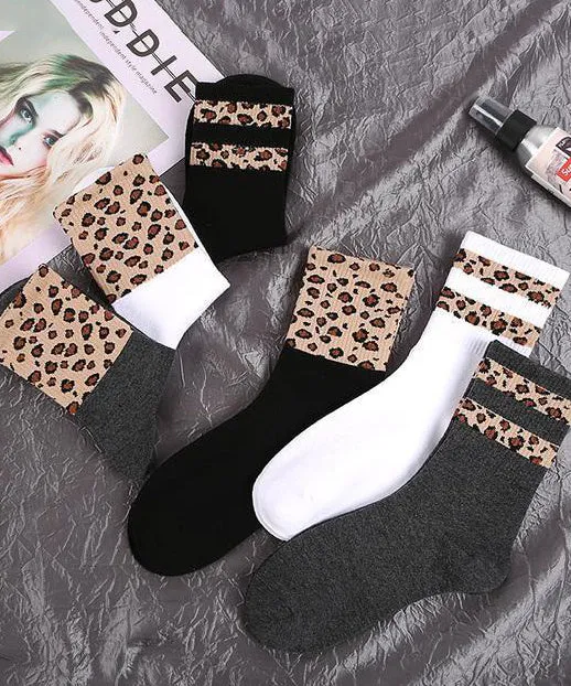 Simple Leopard Patchwork Cotton Mid Calf Socks