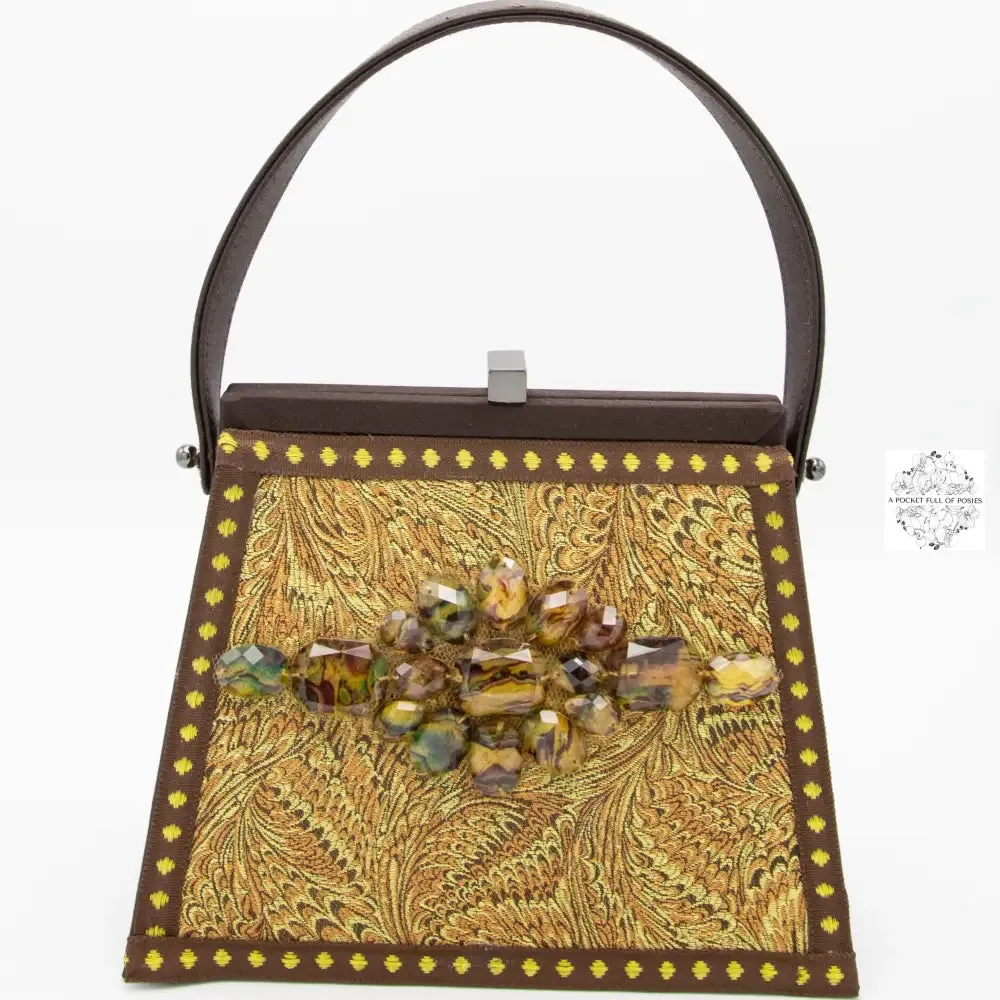 Small Trapezoid Bag in Ochre-Brown with Brown-Aqua Embellishment