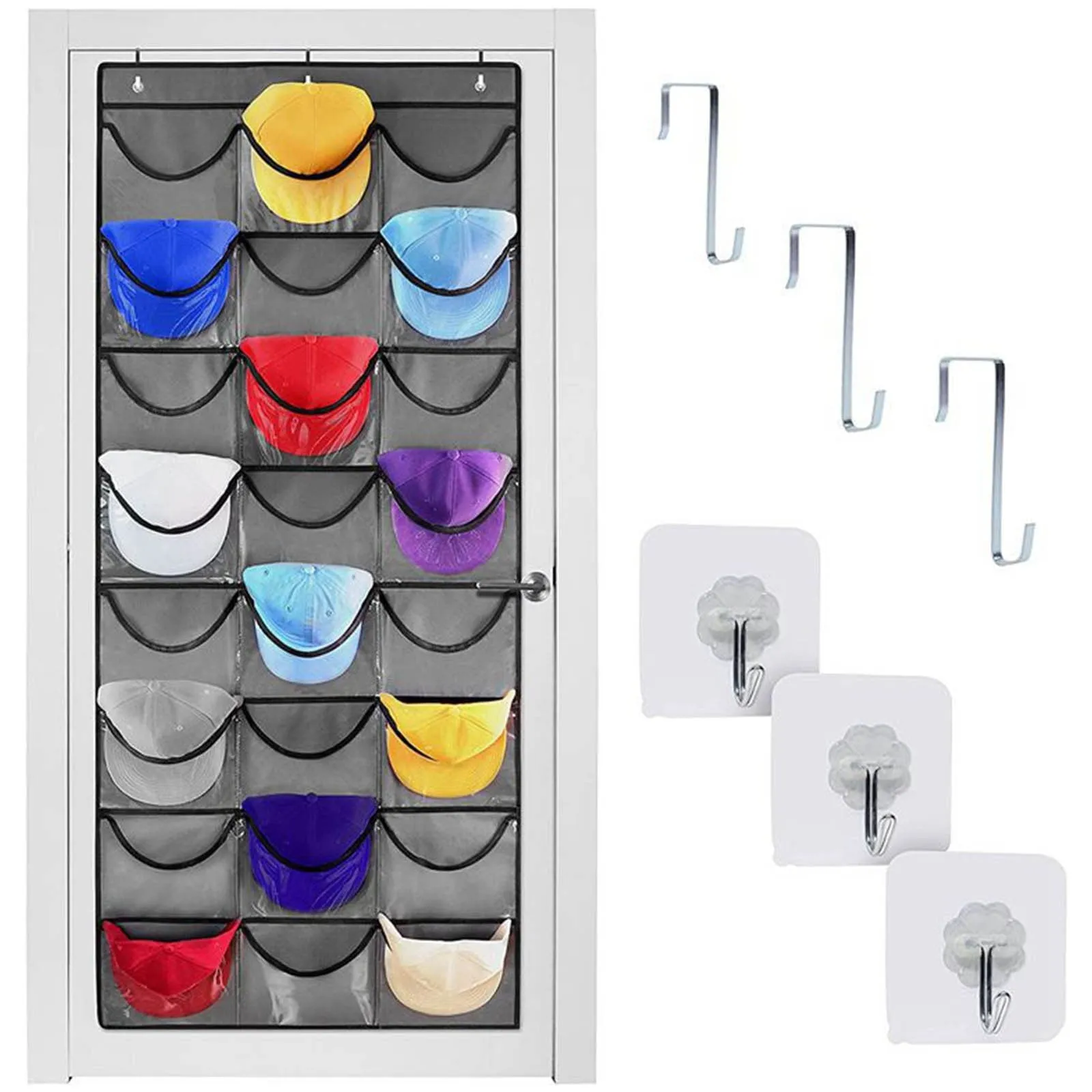 valiant Hat Rack for Baseball Caps,24 Pocket Over-The-Door Cap Organizer with Clear Deep Pockets to Display Your Baseball Caps Collection, Complete with 3 Over Door Hooks