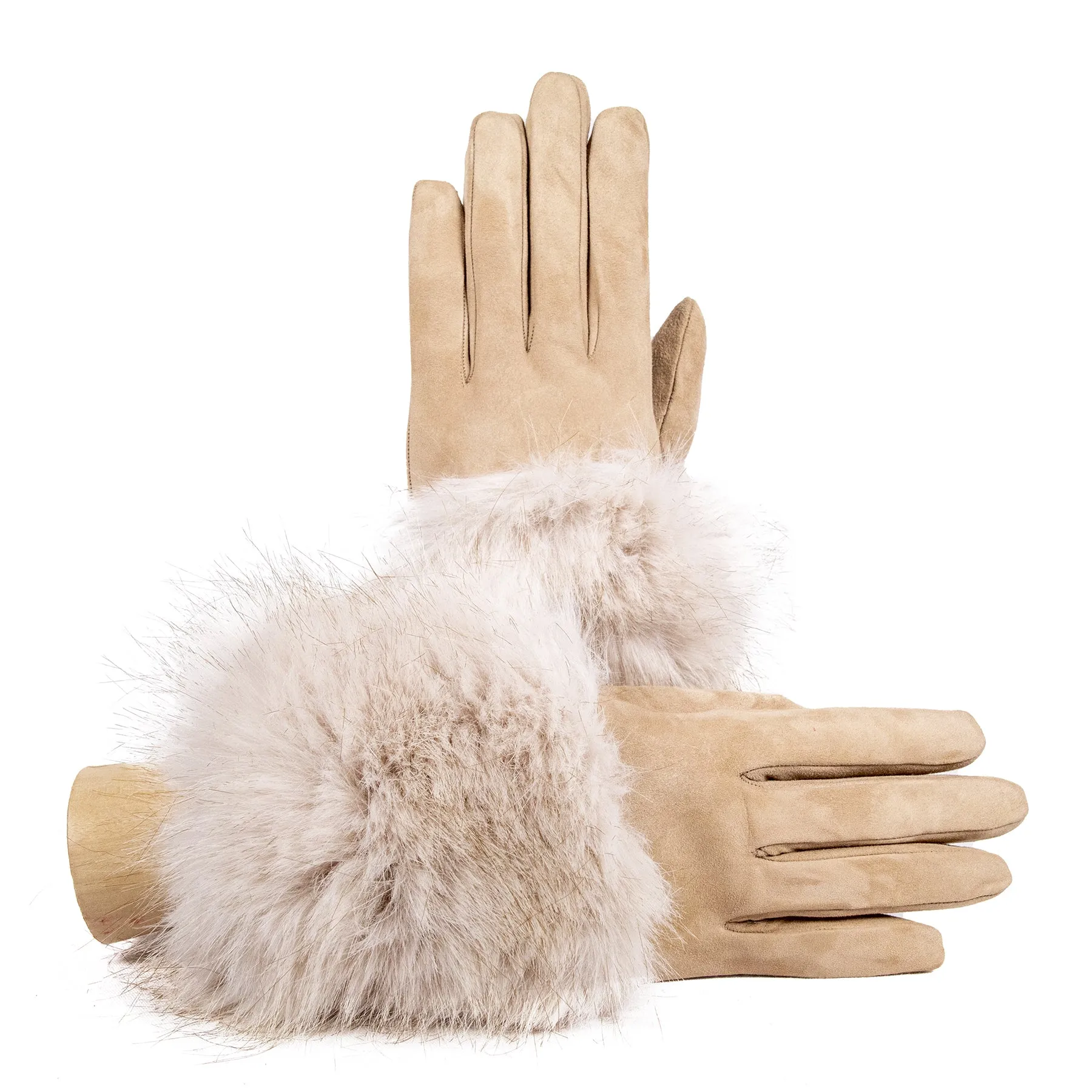 Women'suede leather gloves with large ecofur panel on top